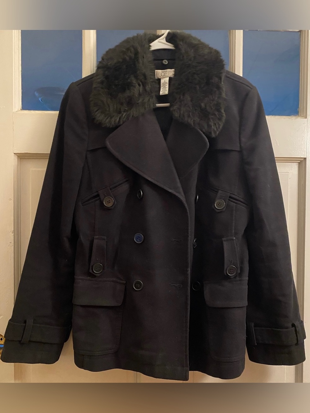 LOFT Ann Taylor Faux Fur Collar Belted Double Breasted Peacoat Black - Size 6